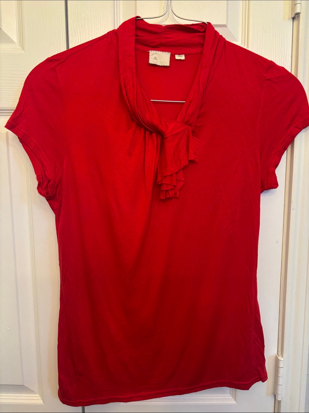 Anthropologie Women’s Red Short-Sleeve Tie-Neck Top - Classic Style